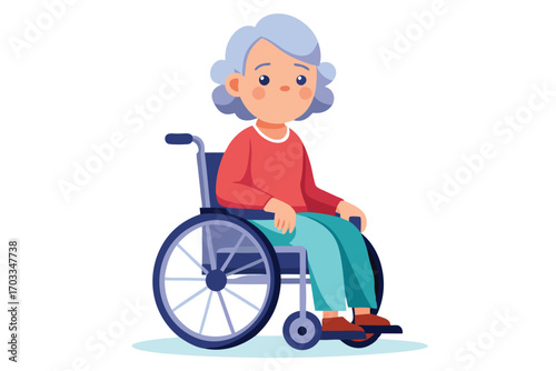 Elderly woman sits in a wheelchair wearing a red shirt and blue trousers