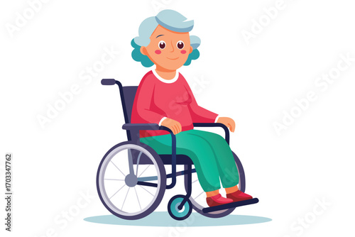 Smiling older woman with gray hair is sitting in a wheelchair comfortably on white