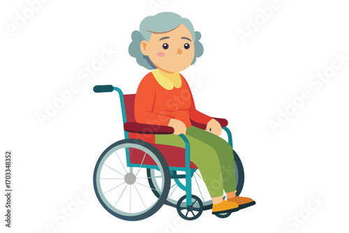 Caucasian senior woman seated in wheelchair with gray hair smiles gently ahead thoughtfully