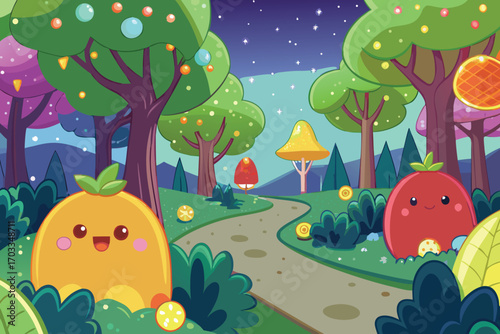 Enchanting mystical forest with trees bearing luminous glowing magical fruits and vibrant colors