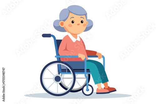Elderly woman with grey hair sits comfortably in her blue wheelchair looking forward