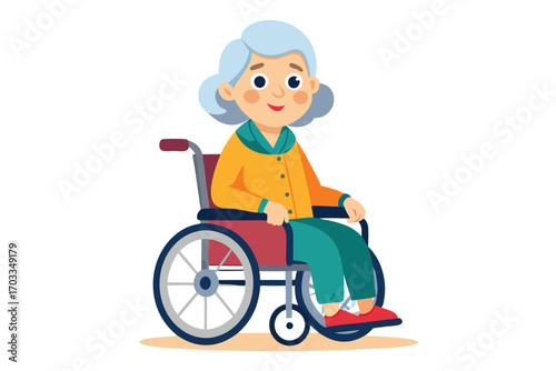 Smiling Caucasian woman with blue hair sits comfortably in her wheelchair with charm