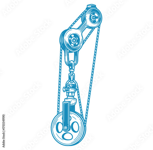 Blue engraved illustration of a pulley system demonstrating mechanical advantage and lifting