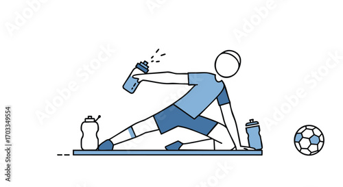 Stylized illustration of a soccer player cooling down with a water spray during a break, depicting athletic hydration and recovery