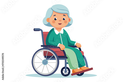 Elderly woman in a wheelchair with a gentle smile is looking forward