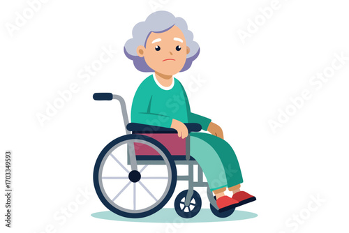 An elderly woman with grey hair sits sadly in a wheelchair wearing red slippers
