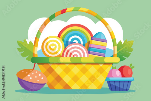 Vibrant and cheerful picnic basket overflowing with colorful rainbow stripes perfect for summer celebrations and outdoor events