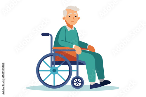 Senior man with gray hair is sitting in a colorful wheelchair calmly