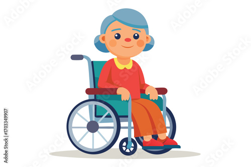 Smiling senior woman with blue hair is sitting in a blue and white wheelchair