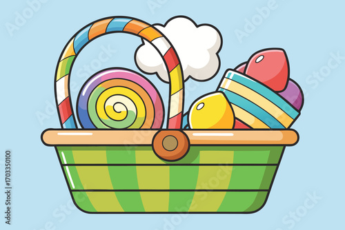 Vibrant picnic basket overflowing with colorful rainbow striped food and treats for outdoor celebrations
