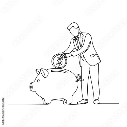 Single continuous line Art drawing businessman putting dollar coin into piggy bank. with white background