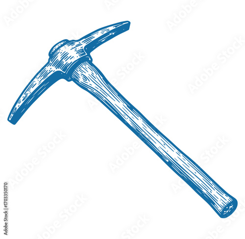Blue hand drawn engraved pickaxe tool isolated against white background for design