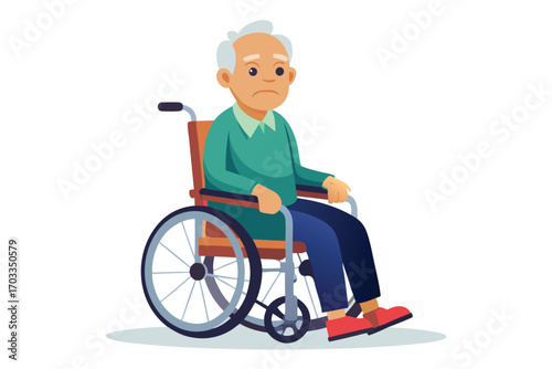 Sad old man in wheelchair expresses his sadness with his emotions today