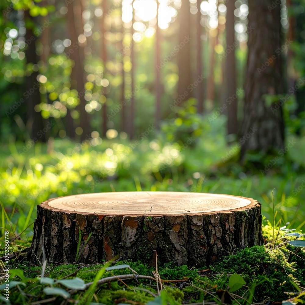 Fototapeta premium Sunlit Green Forest Scene with Mossy Tree Stump in Natural Woodland Setting