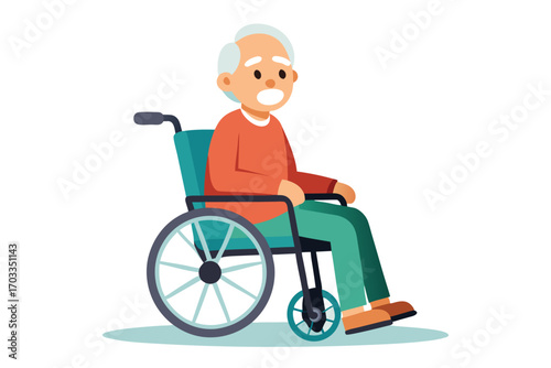 Elderly Caucasian man sits thoughtfully within his blue wheelchair, observing something nearby
