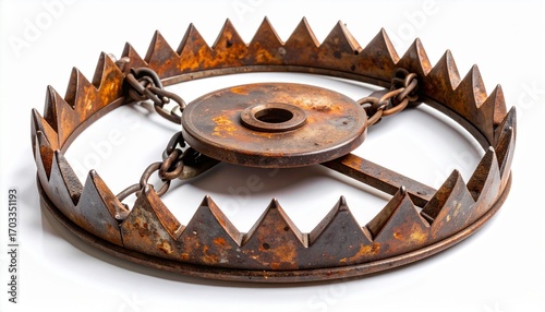 Rusty bear trap with jagged teeth and chain, symbol of danger and entrapment.