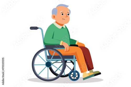 Cheerful elderly man in green sweater sits comfortably in a wheelchair, looking pleasant
