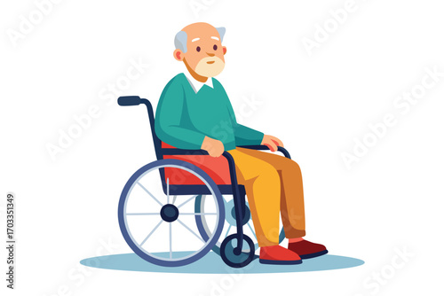 Bald elderly man sits peacefully in wheelchair against a clean, white background