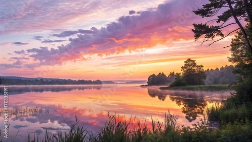 Vibrant sunrise over a misty lake with colourful clouds reflecting in the calm water, serene nature scene.