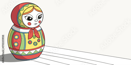 Russian traditional nest doll matrioshka with a bouquet of daffodils in hand color variation for coloring page isolated on white background