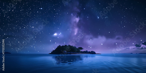 Serene tropical island beneath a breathtaking starry night sky over calm ocean waters