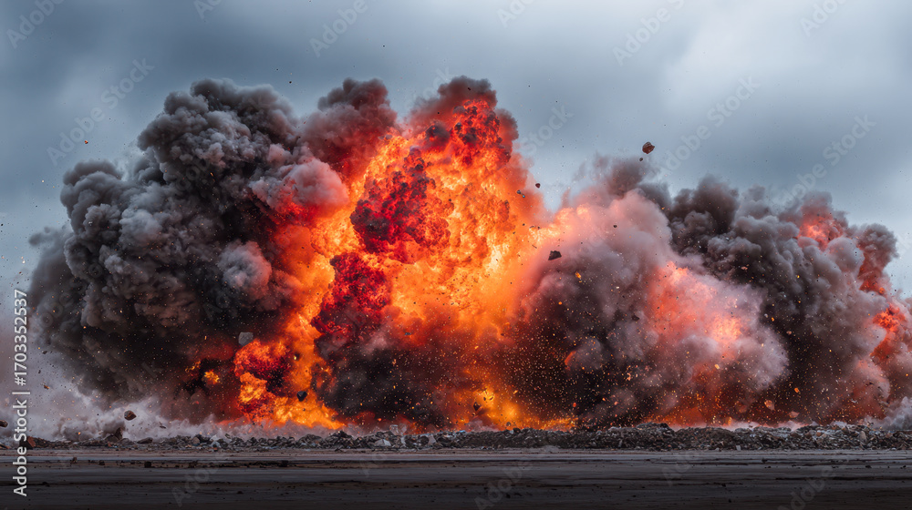 Fototapeta premium Intense fiery explosion with thick black smoke clouds erupting on a barren landscape under a dramatic cloudy sky during a powerful blast event