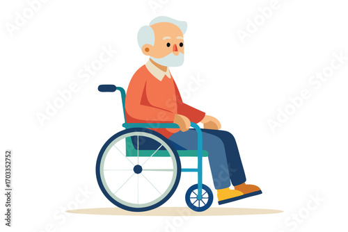 Elderly man with white hair sits in a blue wheelchair on white background