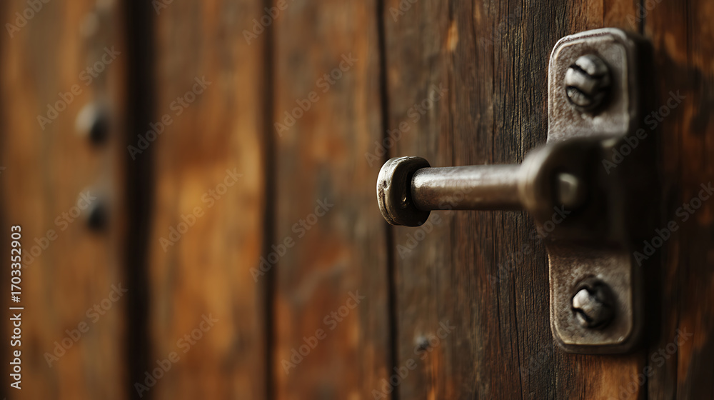 Fototapeta premium Rustic Charm: Aged wood door with a metal handle, evoking a sense of history and timelessness. Perfect for adding character to your project.