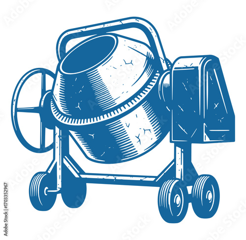 Blue vintage style illustration of a construction cement concrete mixer machine on white background