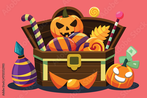 Whimsical halloween candy assortment with festive elements and spooky accents