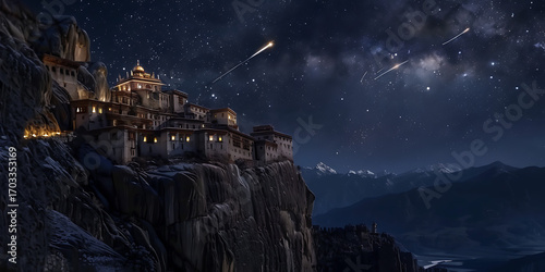 Ancient monastery perched on a dramatic cliff face under a starry night sky with meteor showers.