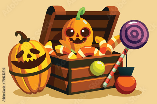 Whimsical halloween candy chest overflowing with colorful treats and spooky elements