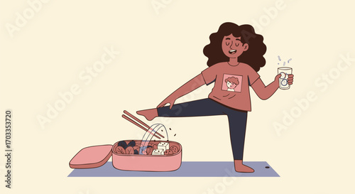 A woman gracefully balances in a yoga pose while enjoying a meal from a bento box and a refreshing drink