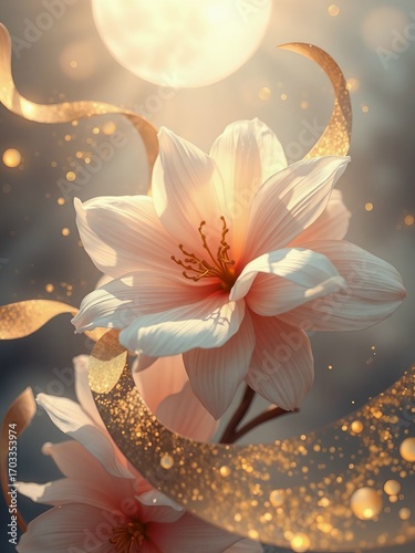 Dreamlike floral scene featuring a luminous white flower and shimmering gold accents against a softly blurred background