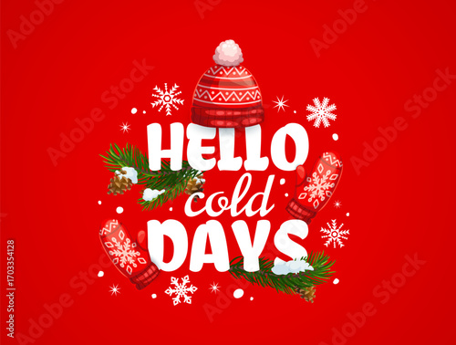 Hello cold days, Christmas holiday quote and greeting card with snowflakes, cartoon vector. Christmas quote and New Year winter holiday greeting card, Xmas tree in snow and knitted hat with mittens