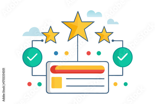 Flat vector illustration of a hand holding a review card with three stars, symbolizing customer feedback, service quality, product rating, client satisfaction, and business credibility. Perfect for we