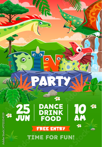 Kids dino party flyer or holiday poster. Children holiday invitation vector banner or flyer with cute dinosaurs characters. Kids party poster with tapejara and raptor personages, Jurassic landscape