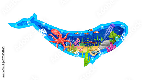 Paper cut whale silhouette with sea animals and fishes in underwater landscape, vector banner. Undersea world of ocean and sea underwater with coral reef clownfish and octopus in paper cut water
