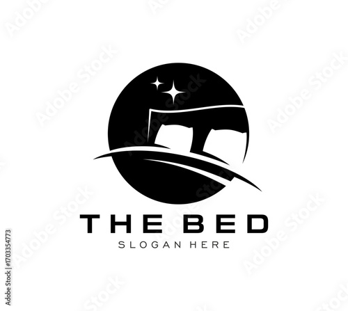 Bed furniture icon with pillows and blanket silhouette with stars in the night sky, vector symbol. Bedroom furniture store icon for bed and mattress salon or interior design and hotel or hostel badge