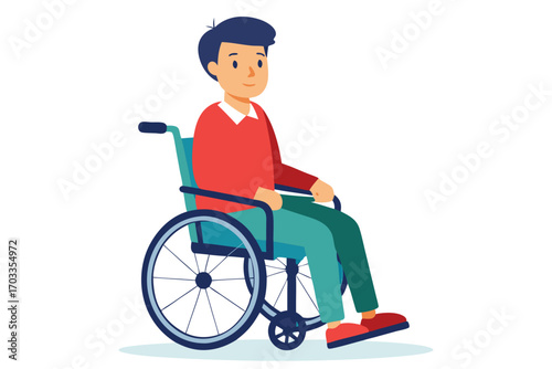 Smiling Caucasian man in a red sweater rests while seated within a wheelchair