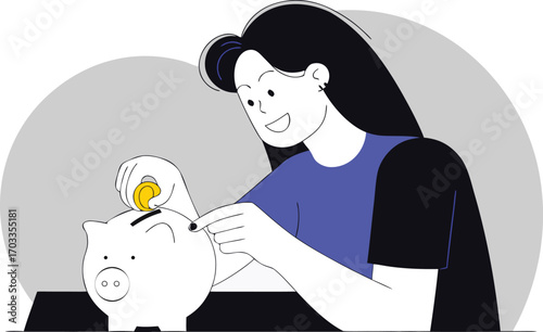 Young woman happily saving money in a piggy bank with a coin. Happy Woman Saving Money