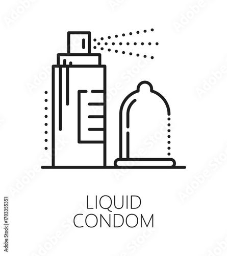 Liquid condom contraception method line icon or sign. Contraception line vector icon, pregnancy and STI prevention method pictogram. Family planning sign or symbol with liquid condom spray can