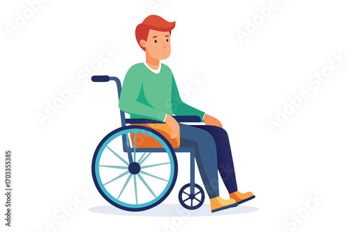 Red haired person with limited mobility is looking ahead while seated in wheelchair