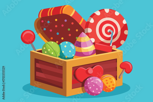 A vibrant overflowing toy chest filled with colorful polka dot toys and playful objects