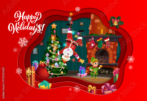 Christmas paper cut banner with Santa hanging on garland at fireplace, cartoon vector. Merry Christmas winter holiday paper cut greeting card with Santa from chimney tangled in Christmas lights