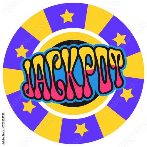 Jackpot casino gamble Y2K groovy sticker or vintage tag. Poker game retro vector tag, casino luck 60s label. Gambling jackpot sticker or Y2K patch with casino money betting game chip and typography