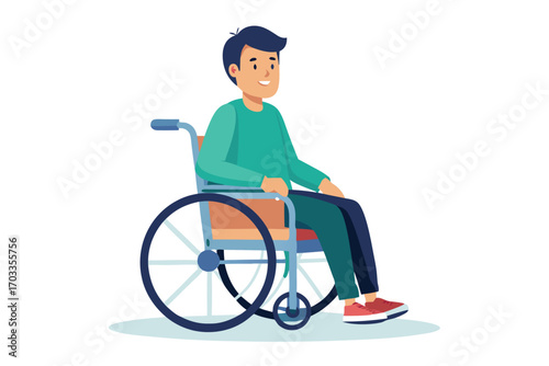 Cheerful young man with blue hair is sitting in a wheelchair comfortably smiling