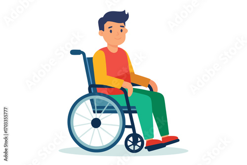 Smiling Caucasian man sits relaxed within a blue wheelchair on a bright white background