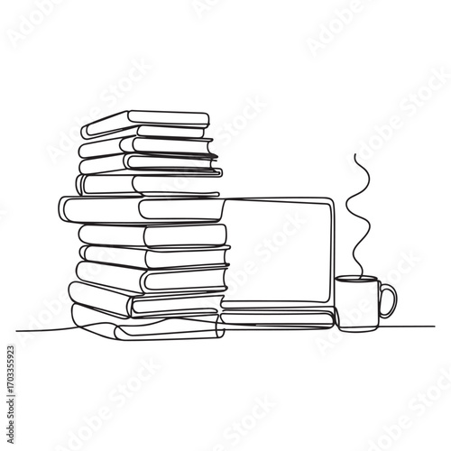 One continuous line Art drawing of stack of books line up with computer laptop, book and a cup of coffee. with white background