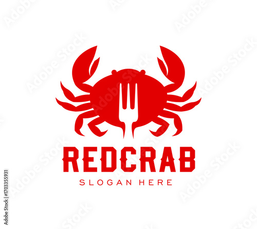 Crab seafood icon cuisine restaurant or gastro bar menu, vector sign. Crab and fork red silhouette icon for seafood kitchen or fish market and fresh product package for Mediterranean or Asian food